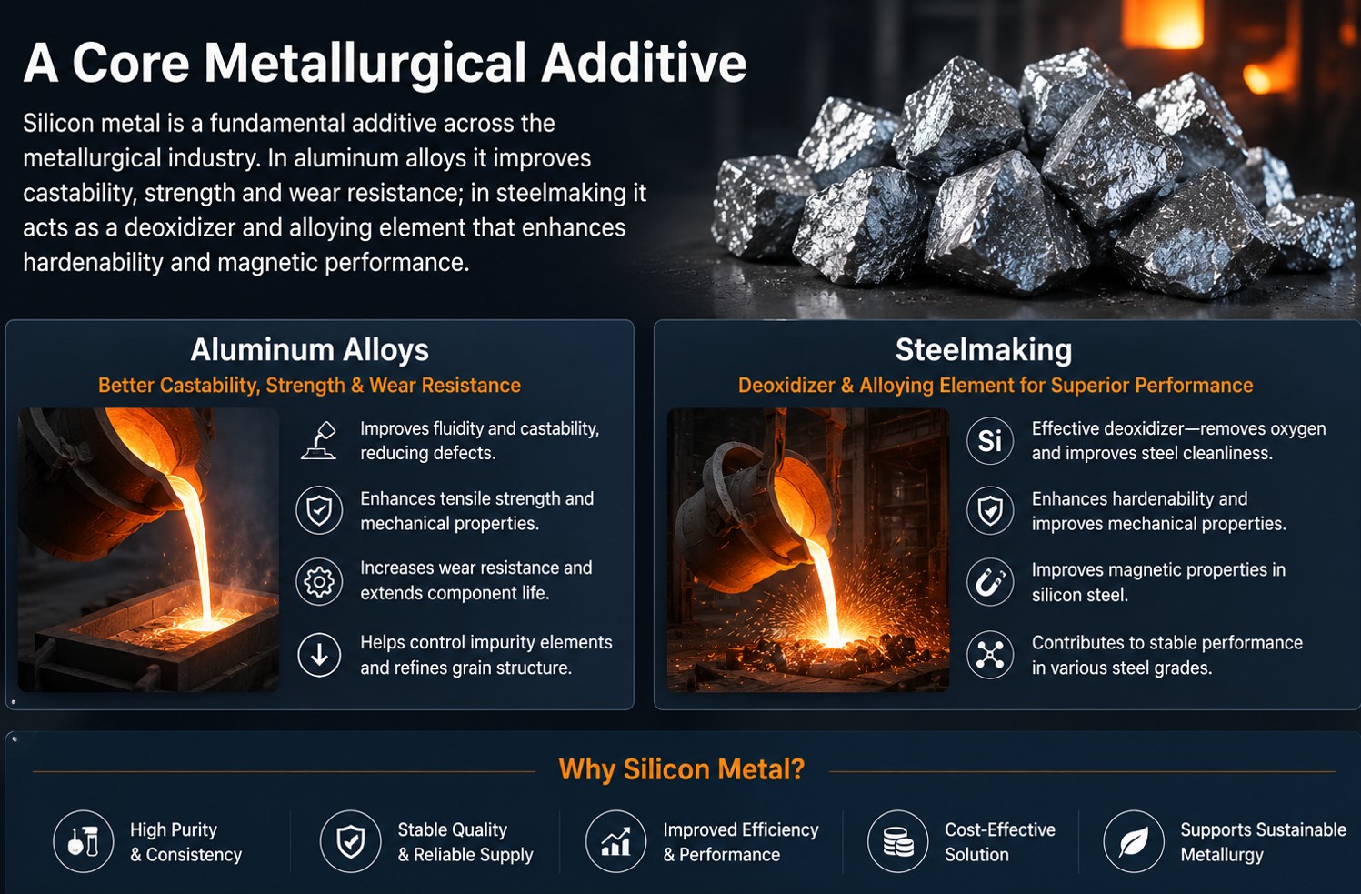 Silicon metal used in aluminum alloy and steel metallurgy